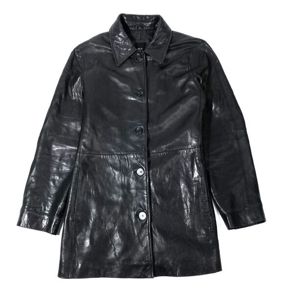 Vintage 90s Black Long Button Down Genuine Leather Dad Coat Jacket Minimal Large - Picture 1 of 8